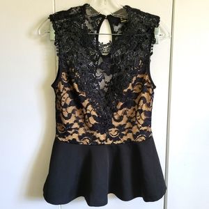 Revamped black lace and nude peplum top blouse. Size Large